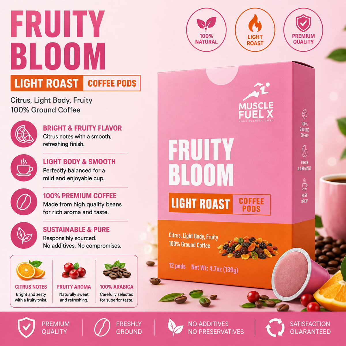 Fruity Bloom Coffee Pods (Light Roast) – 100% Ground Coffee with Bright Citrus & Fruity Notes
