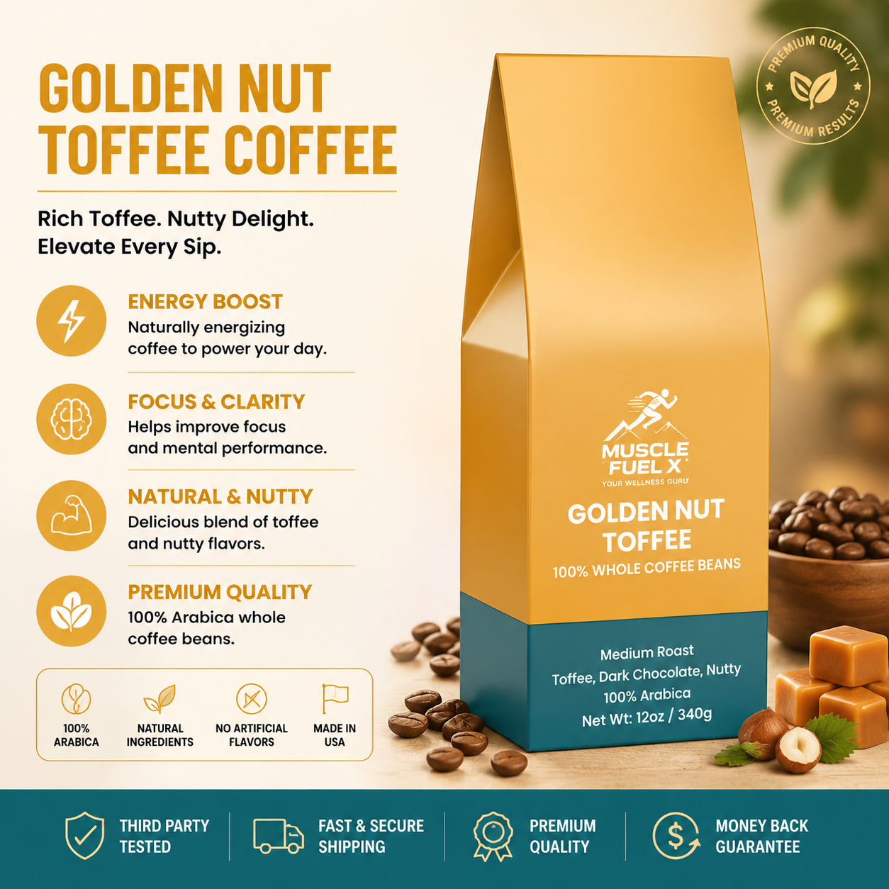 Golden Nut Toffee Coffee (Medium Roast) – 100% Whole Coffee Beans