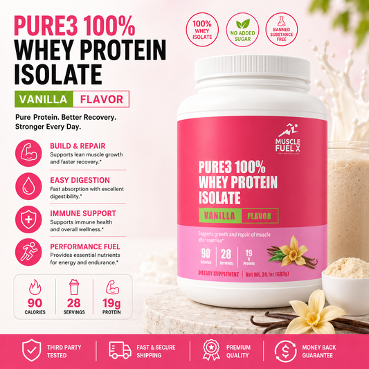 Pure3 100% Whey Protein Isolate (Vanilla) – High-Quality Fast-Absorbing Whey Protein Isolate for Post-Workout Recovery